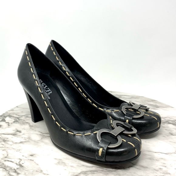 RSVP Collection Contrast Stitch Buckle hardware black leather pumps 9 classic - Picture 14 of 14